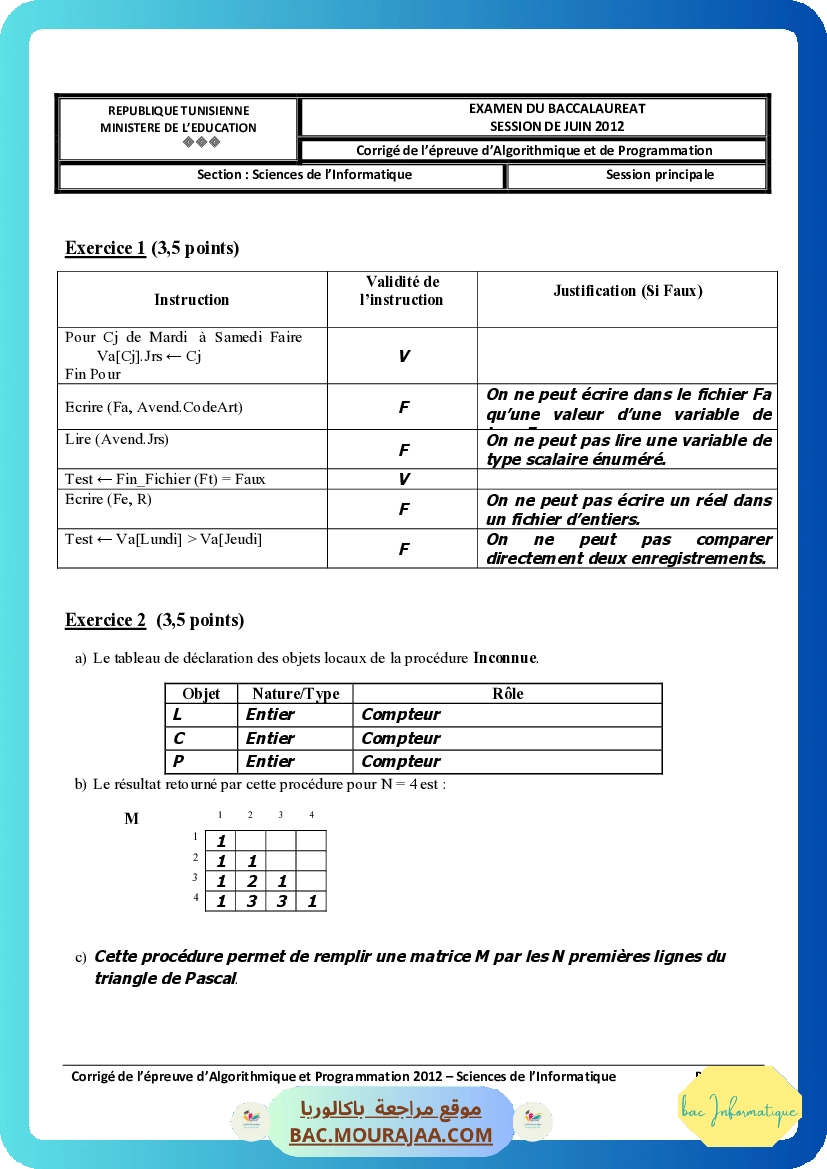 Corrigé principale algorithme Bac 2012 – Section info